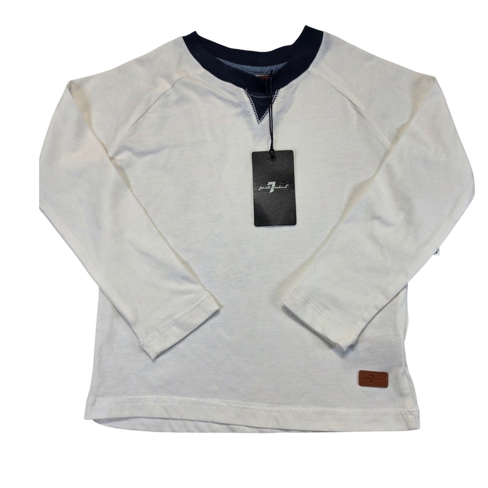 7 For All Mankind Kids‎ Cream Navy Blue Long Sleeve Raglan Shirt Notched Neck 3T